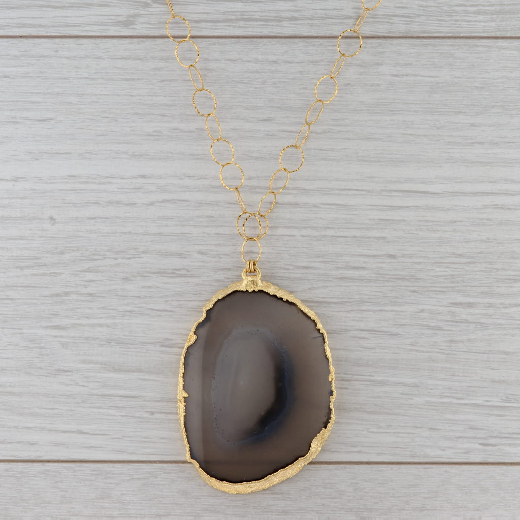 New Nina Wynn Agate Slice Statement Pendant Necklace Sterling Gold Vermeil 31"