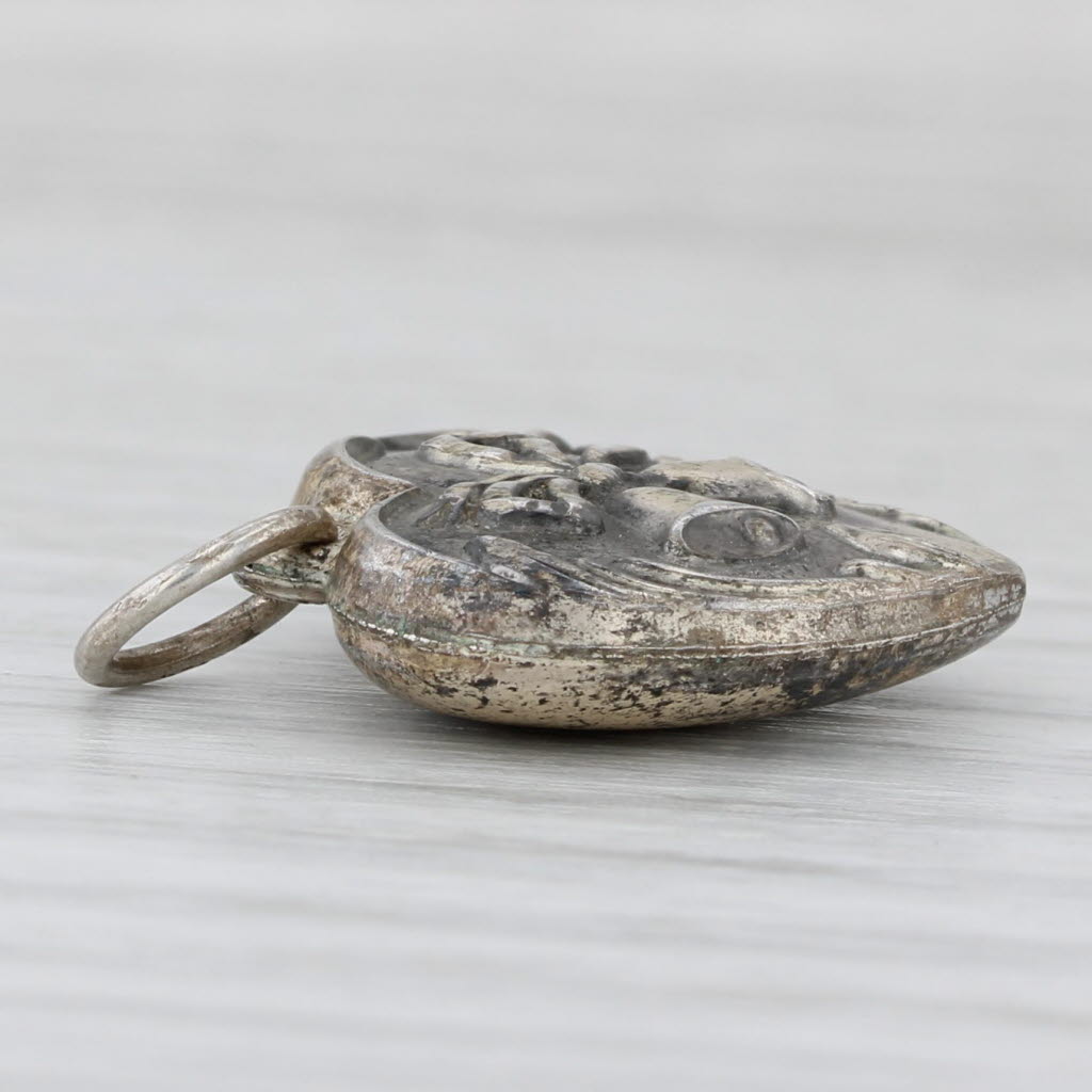 Light Gray Vintage Puffy Heart Wedding Bells Charm Sterling Silver Ornate Pendant