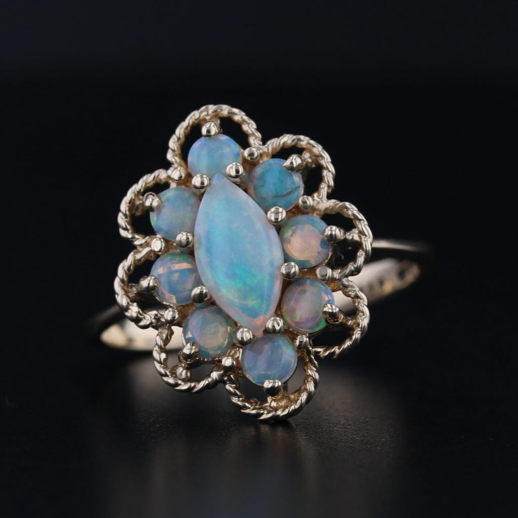 Vintage Opal Cabochon Halo Ring 10k Yellow Gold Size 5.25