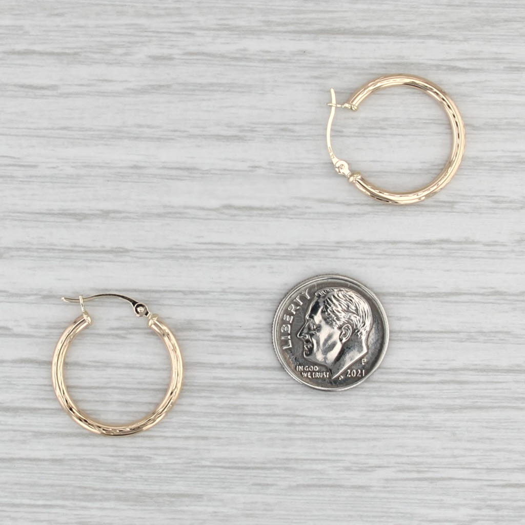 Small Etched Hoop Earrings 10k Yellow Gold Snap Top Round Hoops 20.4 x 2 mm