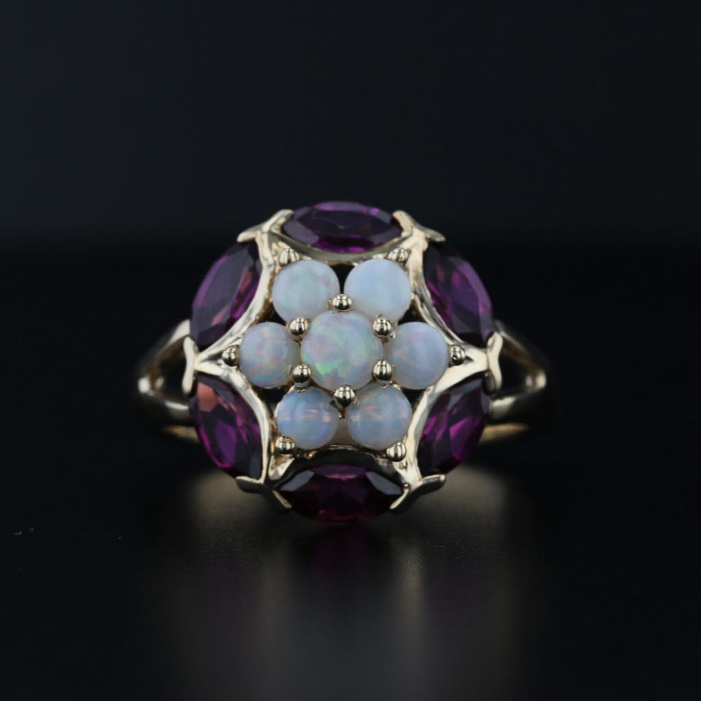 1.75ctw Garnet Opal Flower Cluster Ring 10k Yellow Gold Size 7.25