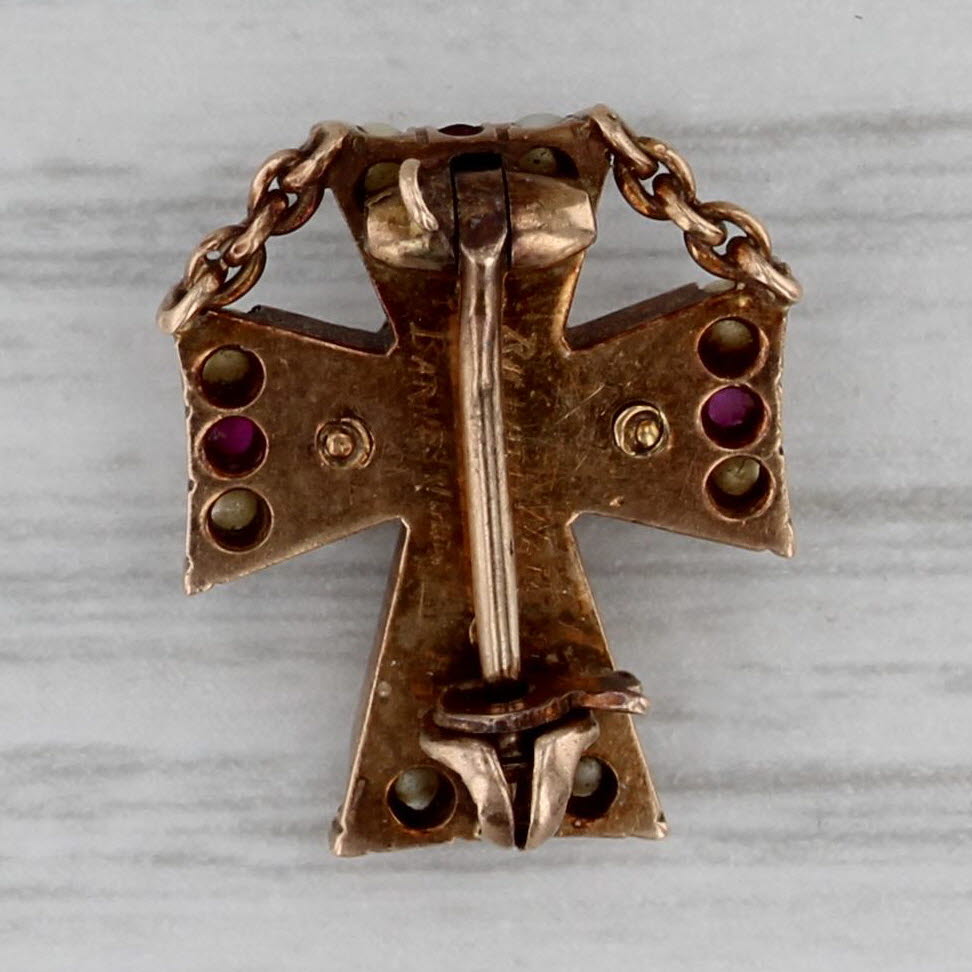 Dark Gray Sigma Chi Fraternity Cross Badge 14k Gold Ruby Pearl Vintage Engraved Pin