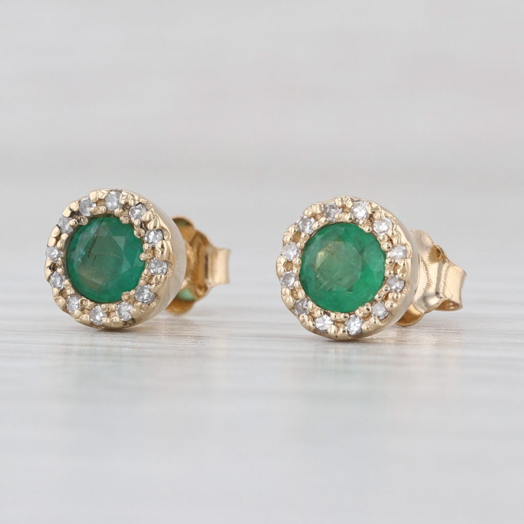 0.75ctw Emerald Diamond Halo Stud Earrings 14k Yellow Gold Round Studs