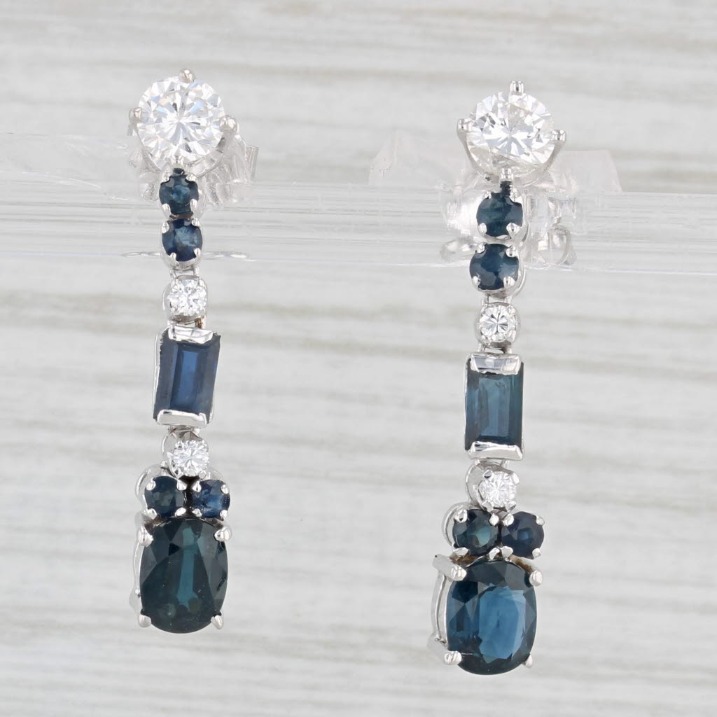 Light Gray 2.64ctw Diamond Sapphire Journey Dangle Earrings 14k White Gold Pierced Drops