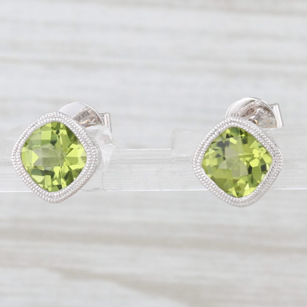 Light Gray 2ctw Cushion Solitaire Green Peridot Stud Earrings 14k White Gold