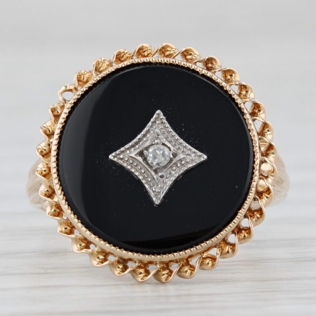 Light Gray Vintage Onyx Diamond Signet Ring 10k Yellow Gold Size 4.75