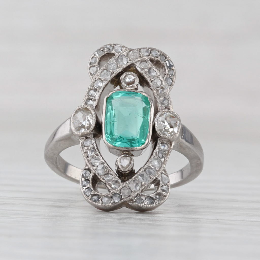 1.05ctw Emerald Diamond Vintage Ring 9k-14k Platinum Ring Size 4.25