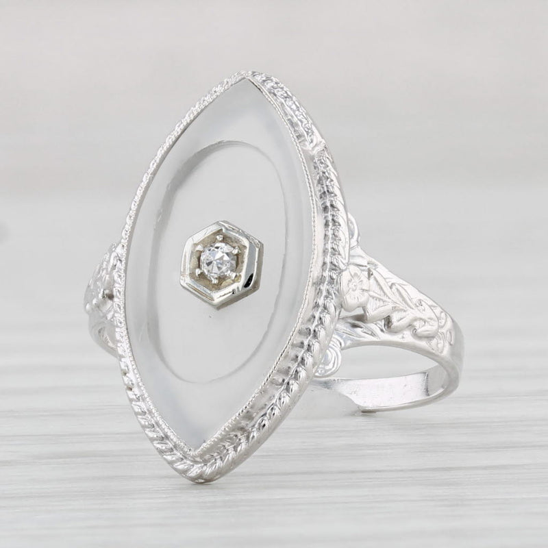 Light Gray Vintage Frosted Camphor Glass Ring 14k White Gold Size 5 Diamond Accent