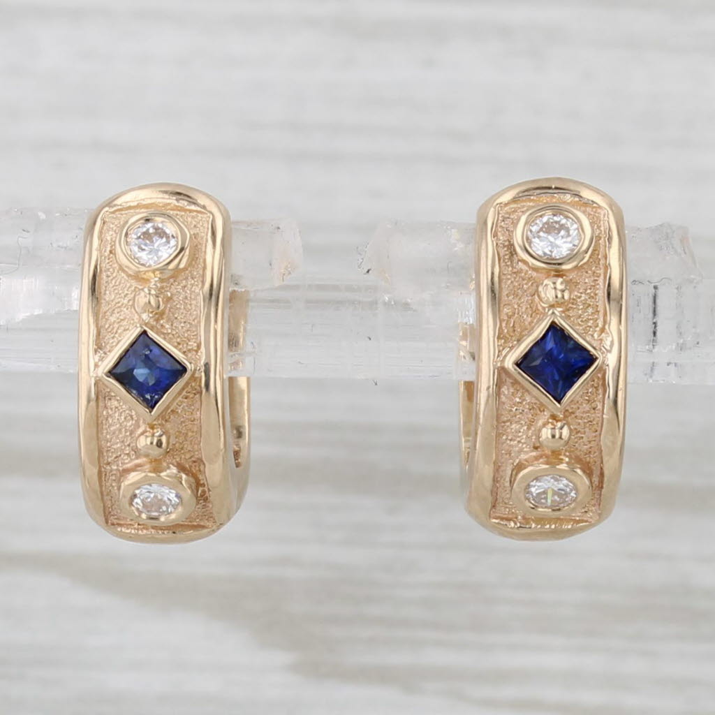 Gray 0.22ctw Blue Sapphire Diamond Hoop Huggie Earrings 14k Yellow Gold Round Hoops