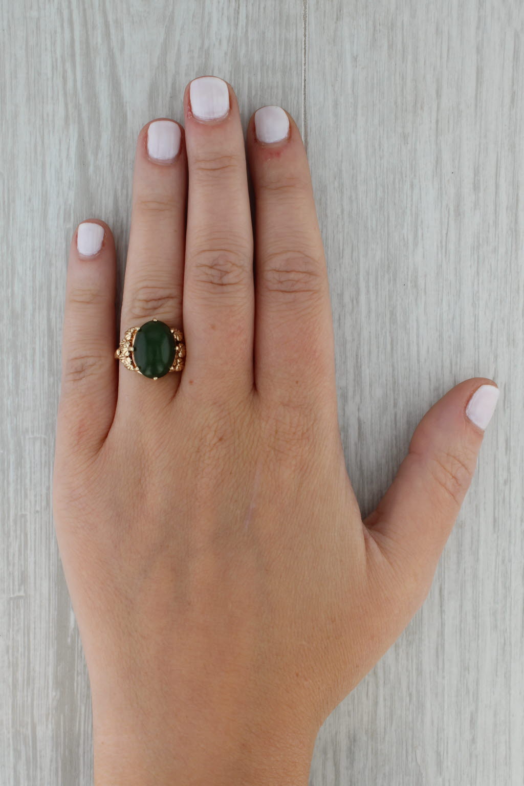 Rosy Brown Green Nephrite Jade Leaf Ring 10k Yellow Gold Size 6.5 Oval Cabochon Solitaire