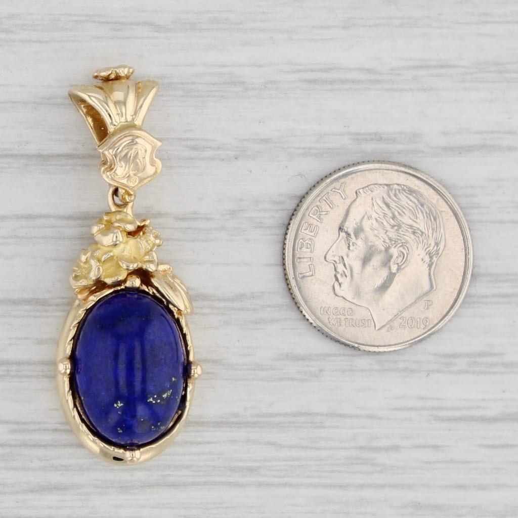 Light Gray Vintage Lapis Lazuli Floral Pendant 14k Yellow Gold Blue Oval Cabochon