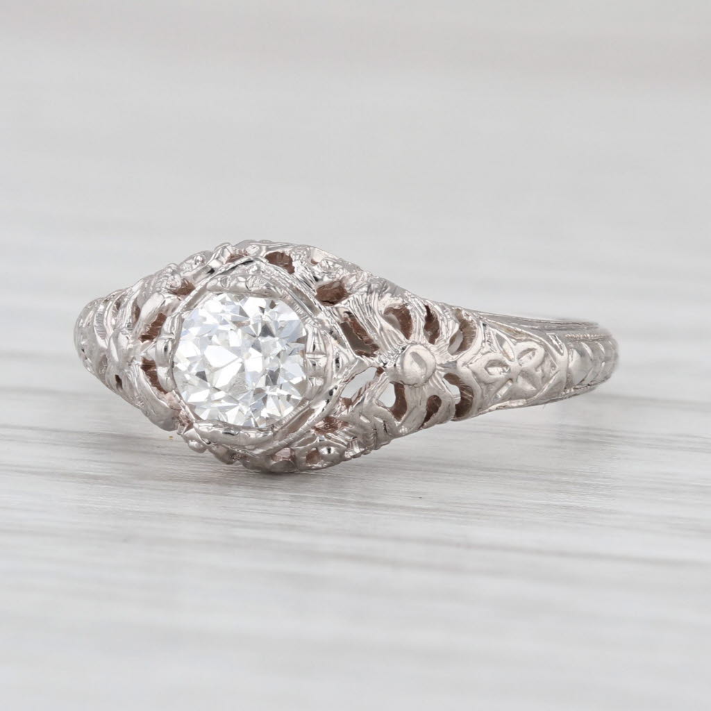 0.47ct Diamond Solitaire Art Deco Engagement Ring 18k White Gold Size 5.75 GIA