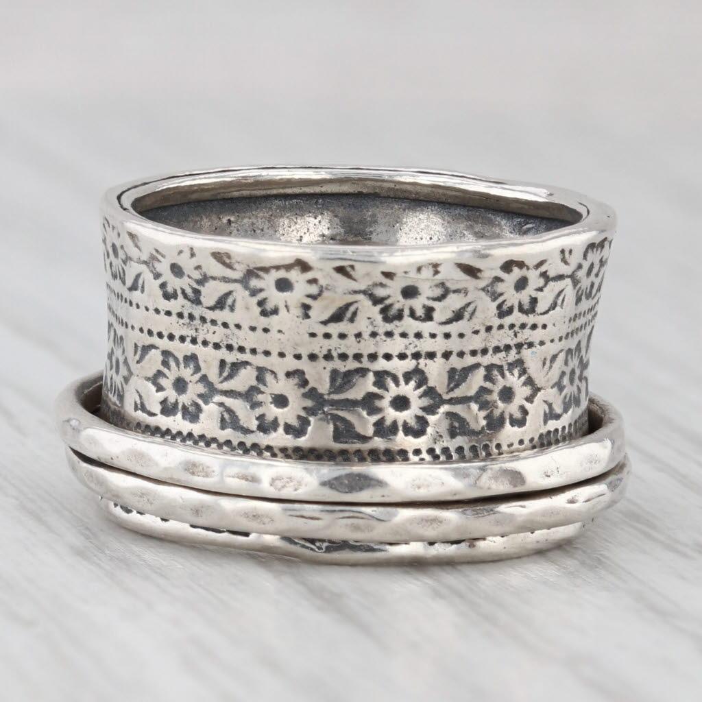 Light Gray Didae Floral Spinner Ring Sterling Silver Size 8 Statement Fidget Band