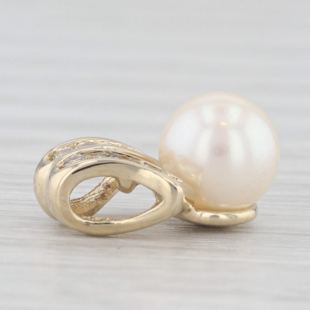 Light Gray Cultured Pearl 0.12ctw Diamond Pendant 14k Yellow Gold Small Drop