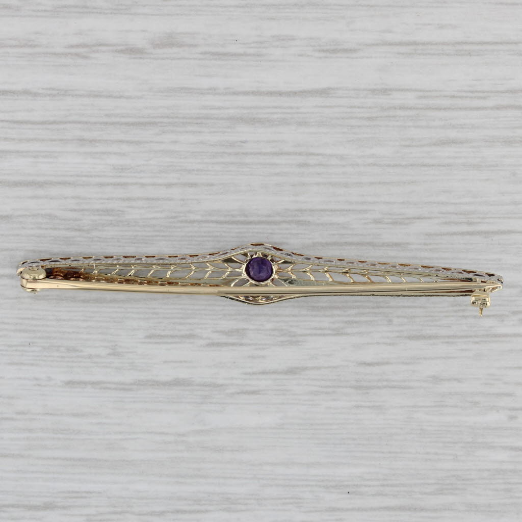 Gray 0.20ct Amethyst Solitaire Art Déco Vintage Bar Brooch 14k Gold Platinum Pin