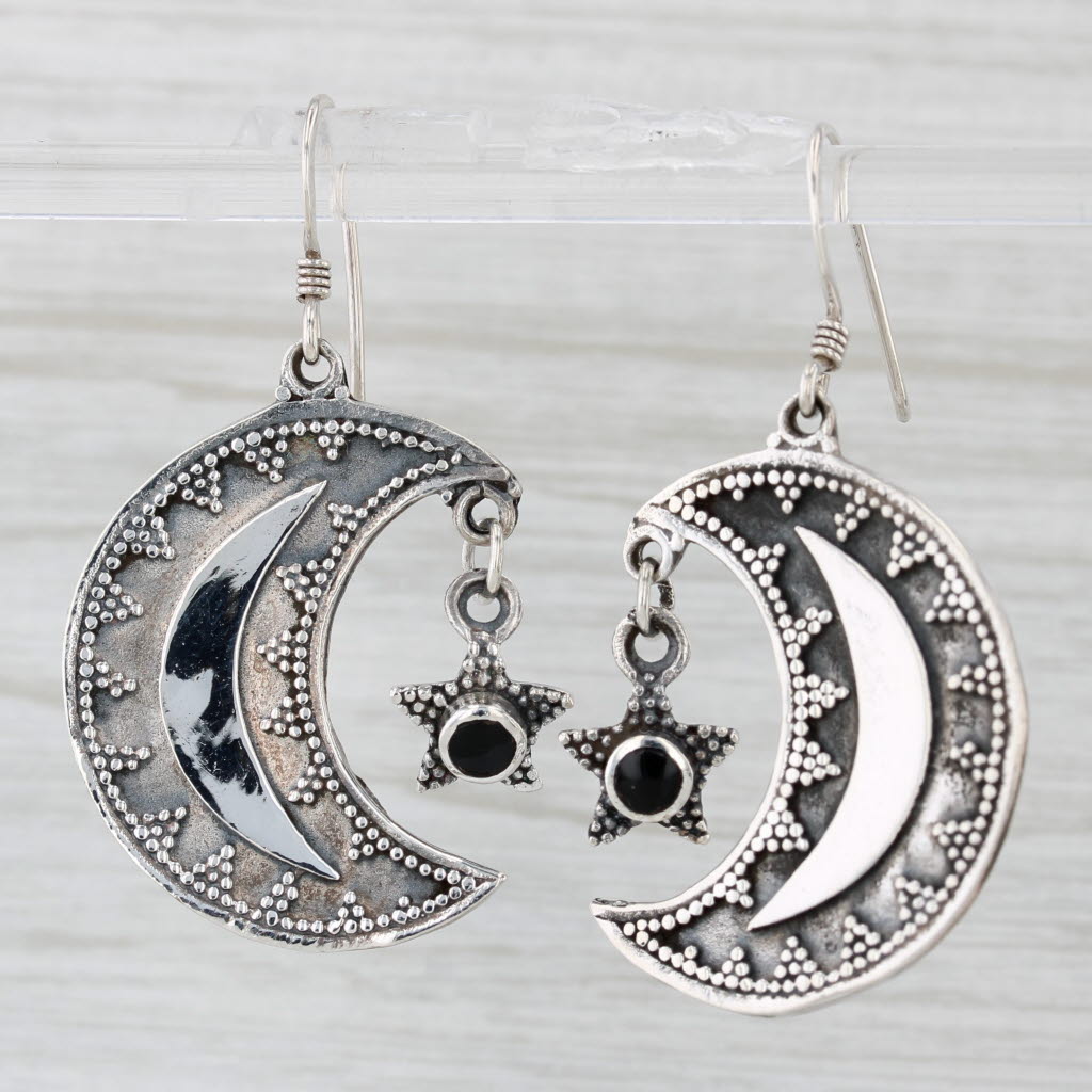 Light Gray Onyx Crescent Moon Stars Dangle Earrings Sterling Silver Hook Posts Statement