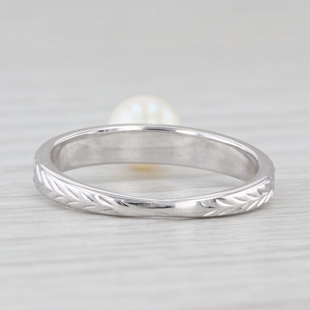 Light Gray 6.2mm Cultured Pearl Solitaire Ring 14k White Gold Wheat Etched Band