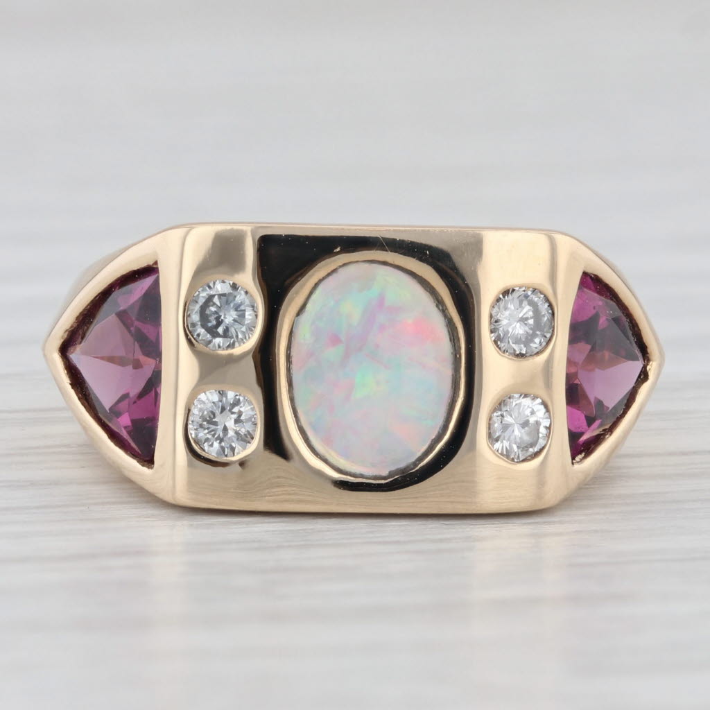 Light Gray Opal Rhodolite Garnet Diamond Ring 14k Yellow Gold Size 7