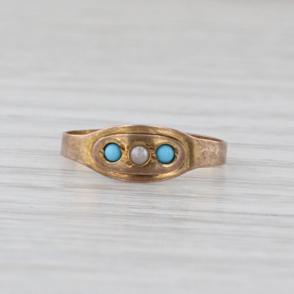 Antique Simulated Turquoise Glass Baby Ring Small Size 8k Yellow Gold