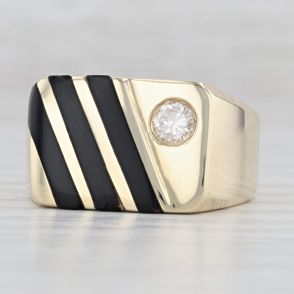 Light Gray Onyx Striped Diamond Men’s Ring 14k Yellow Gold Size 10.75