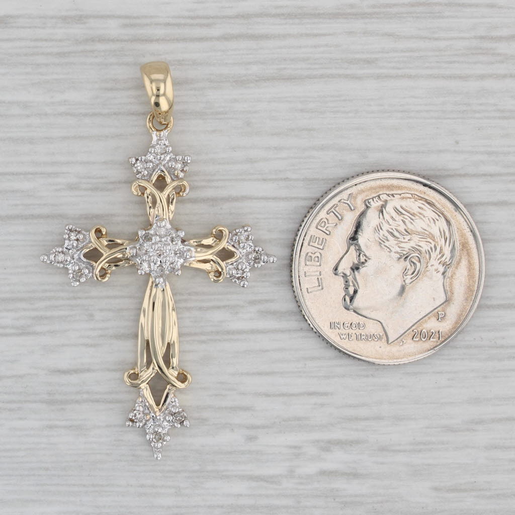 Gray Ornate Diamond Cross Pendant 10k Yellow Gold