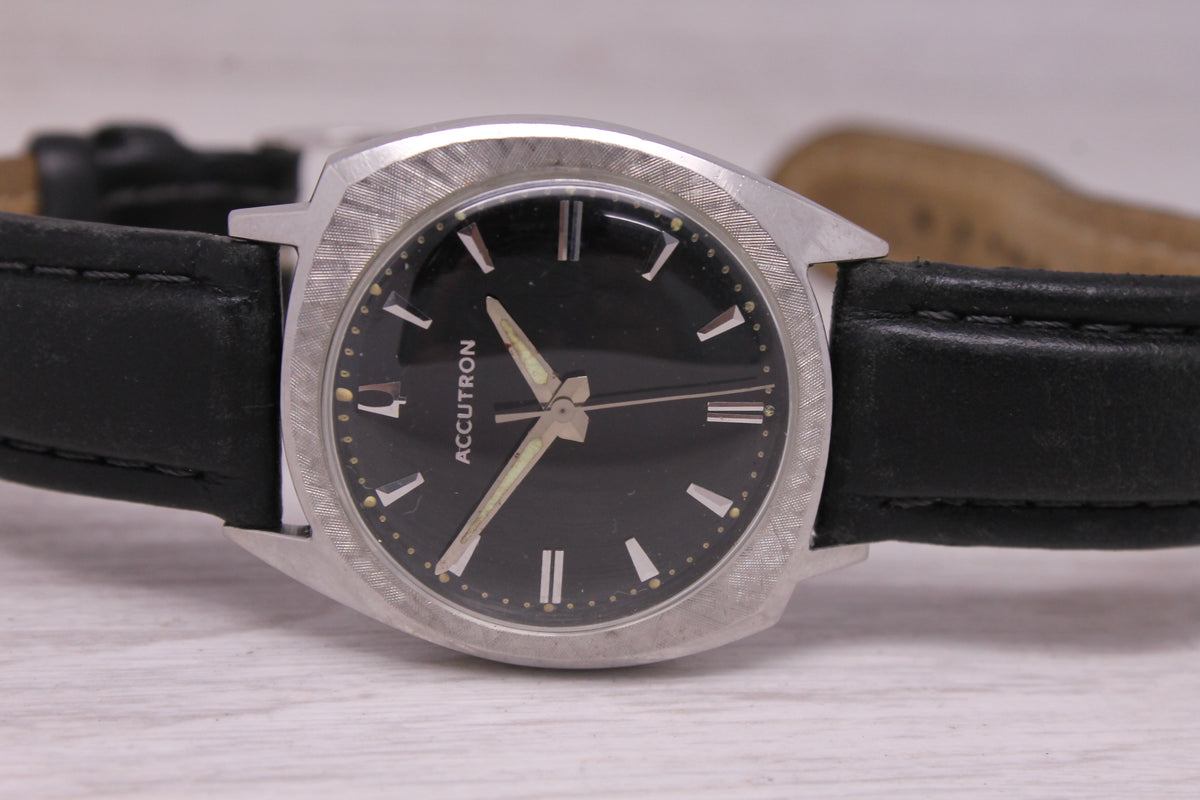 Vintage 1966 Bulova Accutron 214 Asymetric Steel Tuning Fork Watch Black Dial