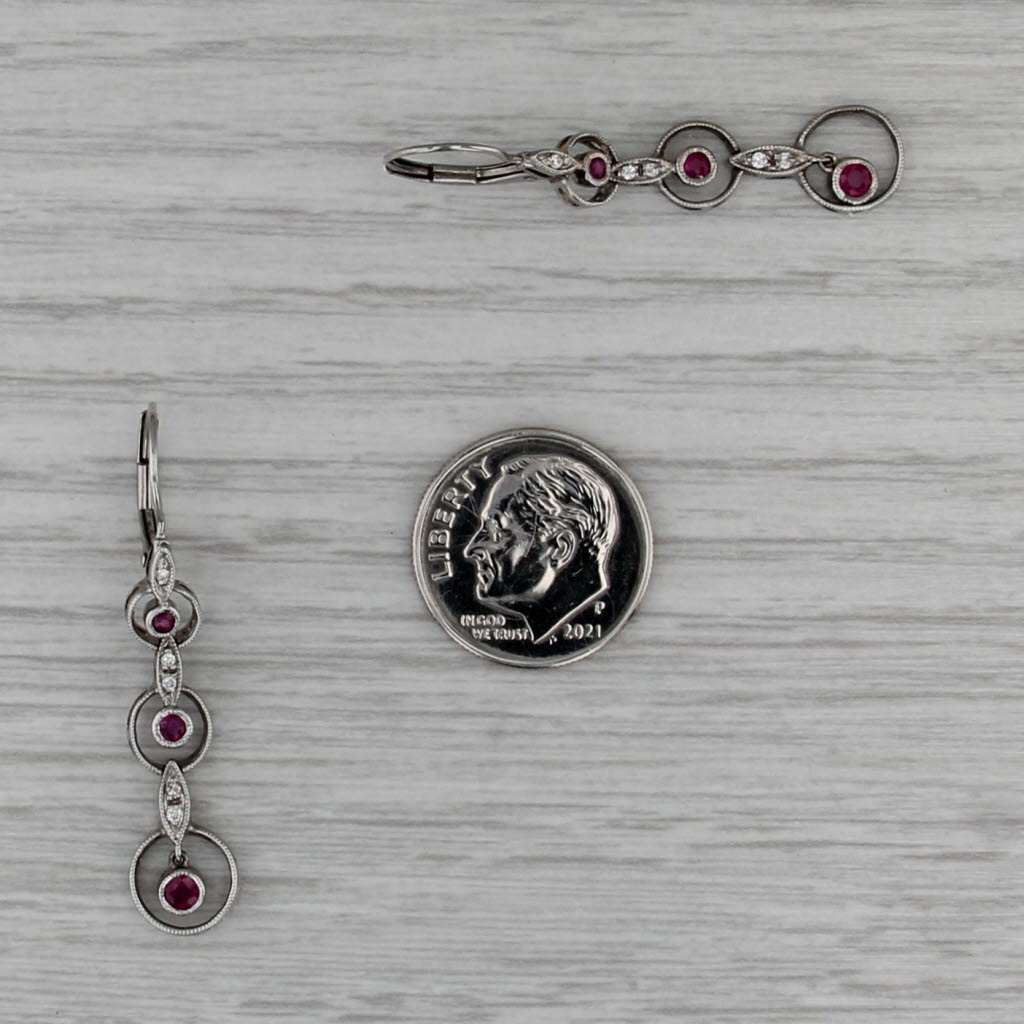 Vintage Ruby Diamond Dangle Earrings 14k White Gold Drops Lever Backs