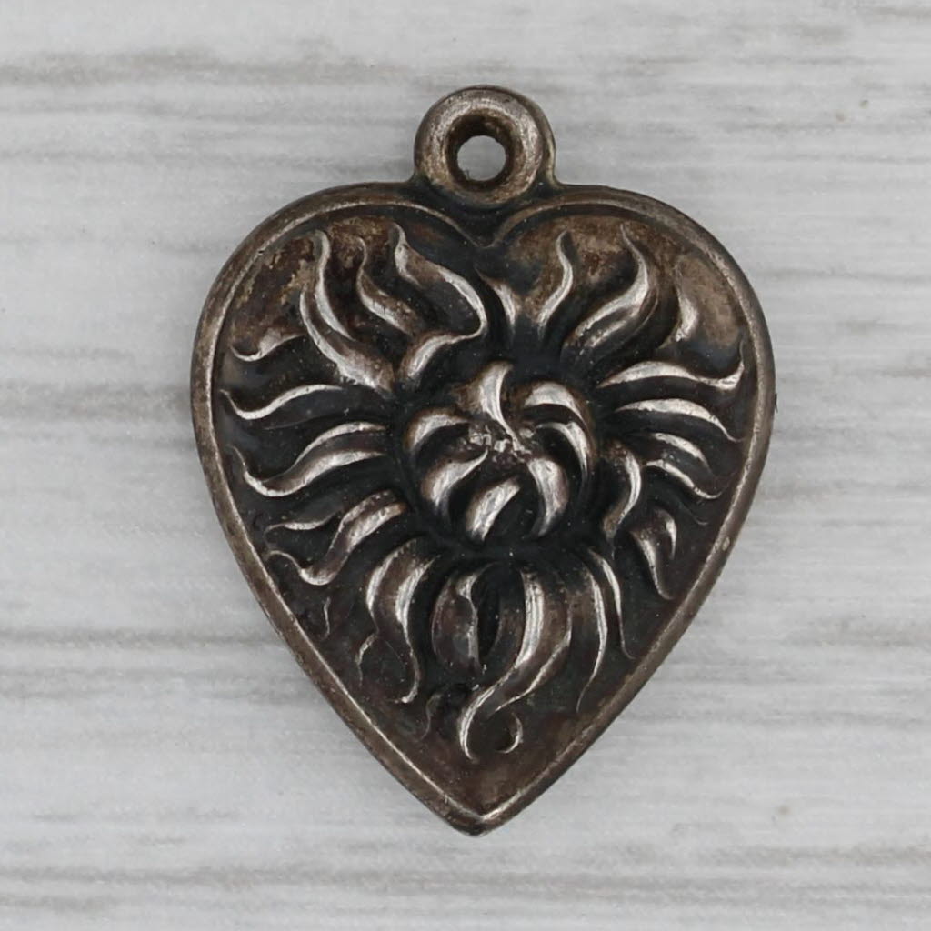 Gray Vintage Ornate Floral Puffy Heart Charm Sterling Silver Pendant Engraved