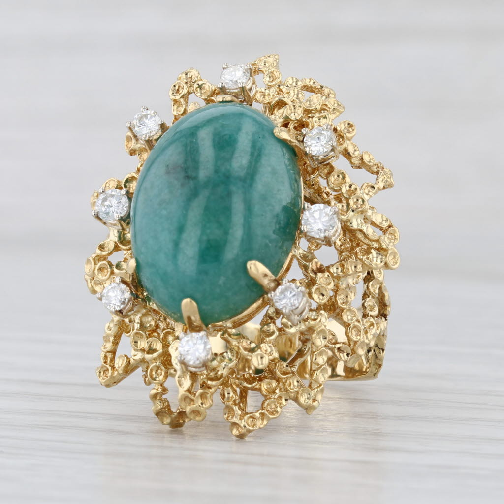 Green Jadeite Jade Cabochon Diamond Cocktail Ring 18k Yellow Gold Size 8.5