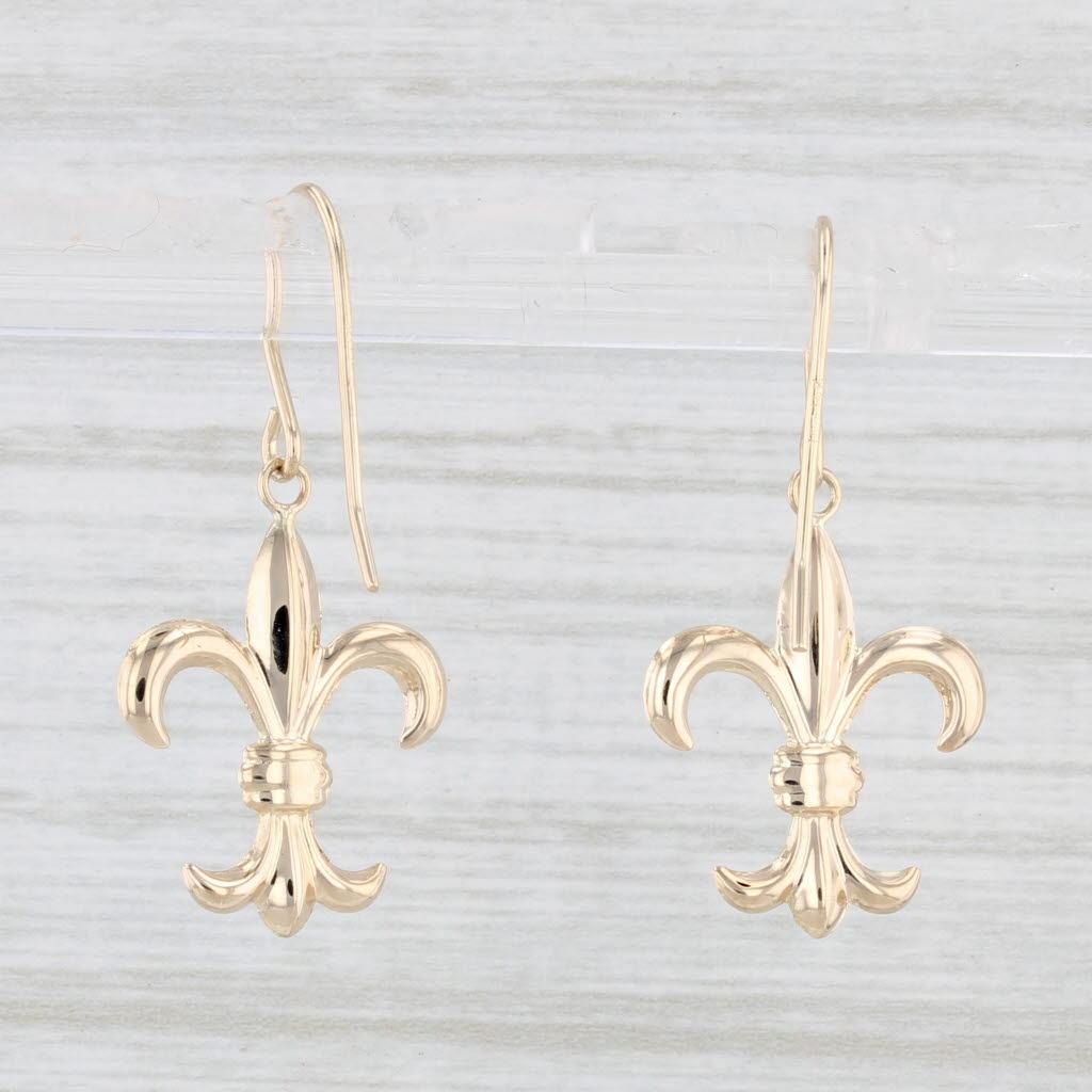 Light Gray Fleur De Lis Dangle Earrings 14k Yellow Gold Hook Posts