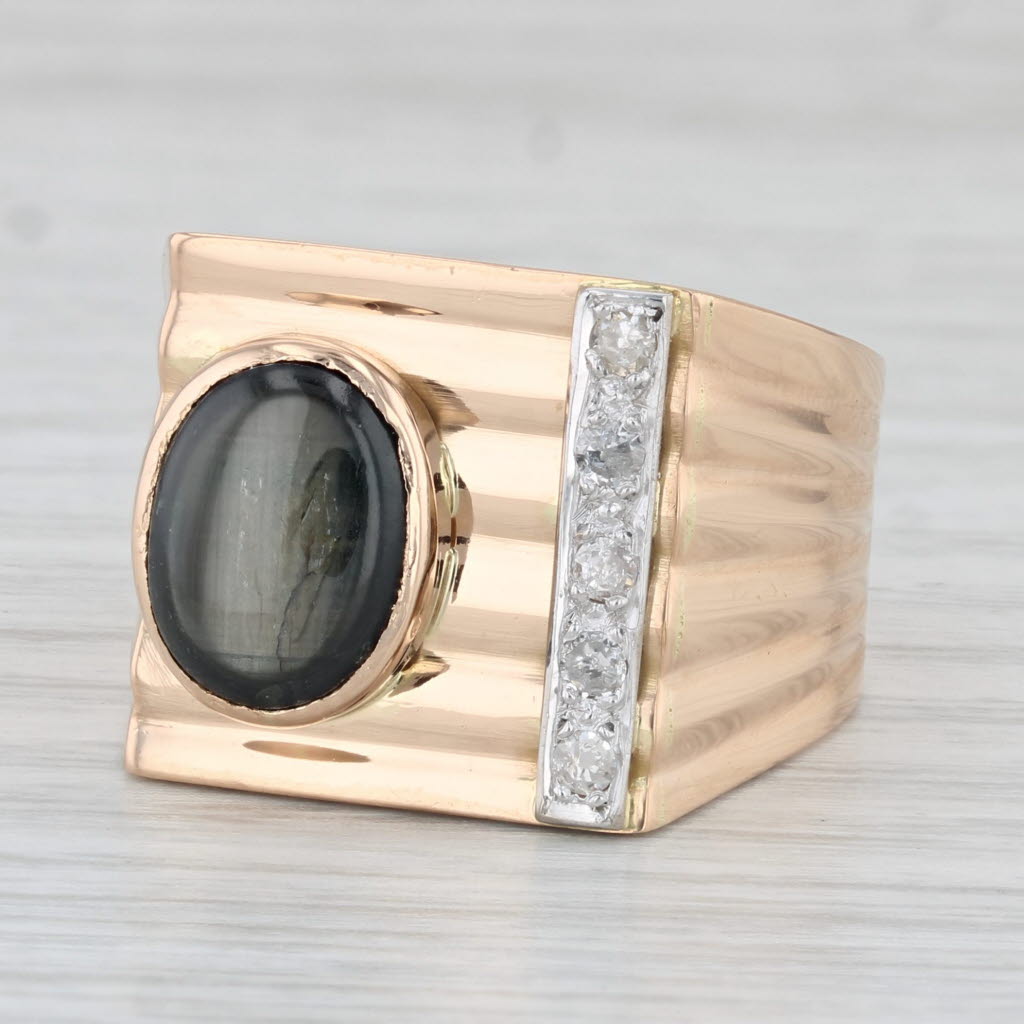 Light Gray Vintage Black Star Sapphire Diamond Ring 18k Rose Gold Size 10.75 Men's