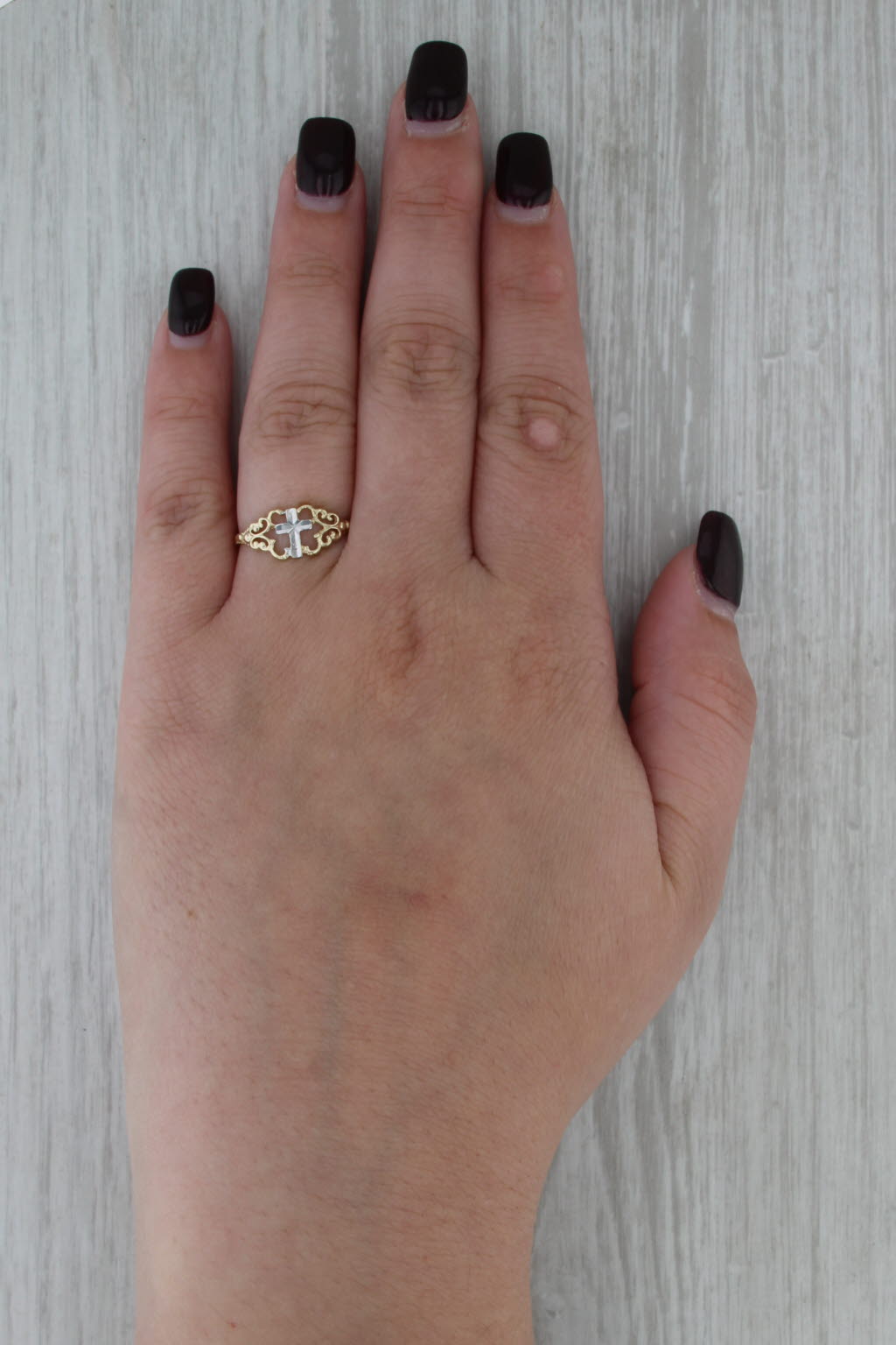 Ornate Cross Ring 10k Yellow White Gold Size 7.5