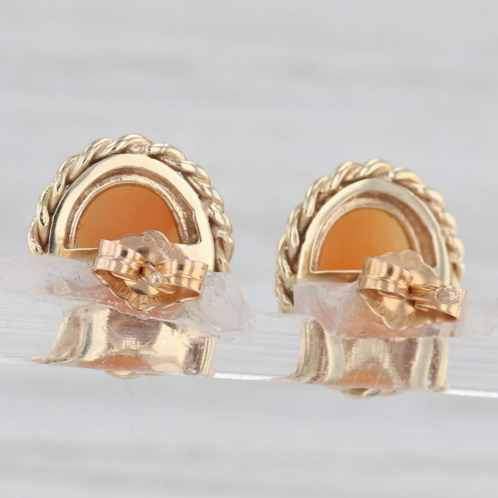 Light Gray Vintage Carved Shell Cameo Stud Earrings 14k Yellow Gold