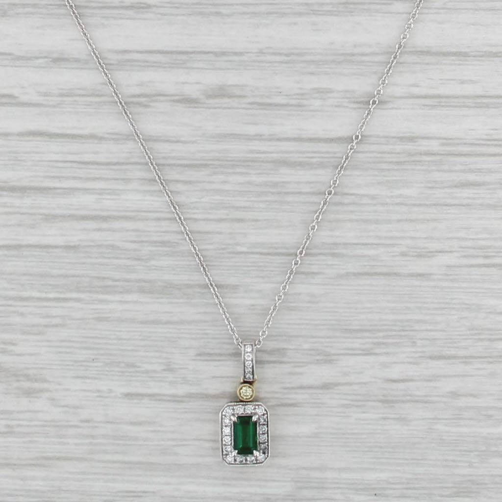 Simon G 0.43ctw Emerald Diamond Halo Pendant Necklace 18k White Gold Cable Chain