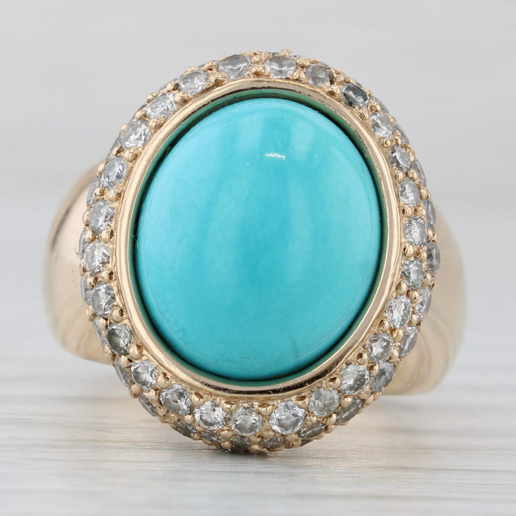 Gray Turquoise Diamond Halo Ring 14k Yellow Gold Size 7 Oval Cabochon