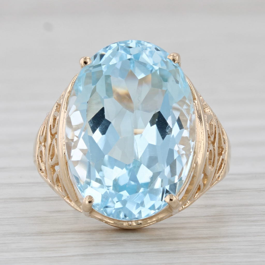 Gray 18ct Oval Blue Topaz Solitaire Ring 14k Yellow Gold Size 7.5 Openwork