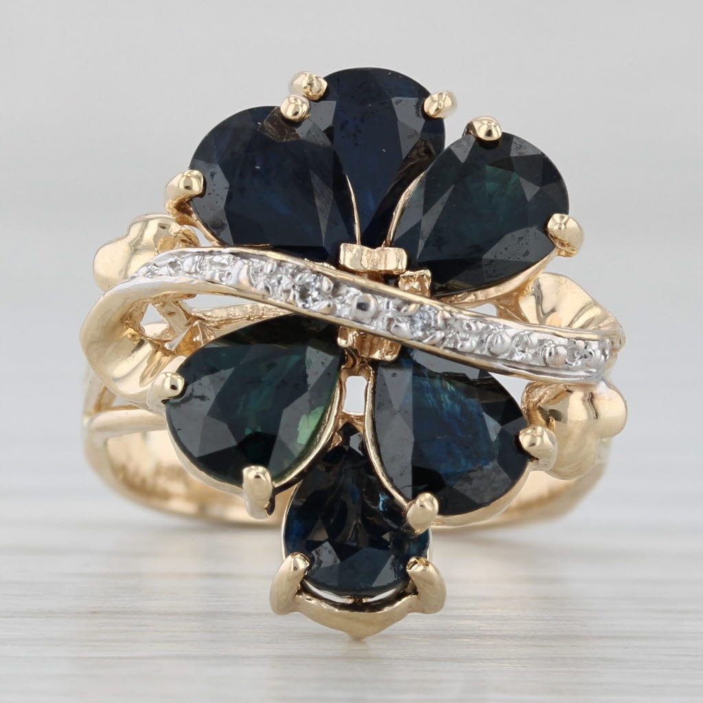 Gray 4.90ctw Blue Sapphire Diamond Flower Ring 14k Yellow Gold Size 5.75