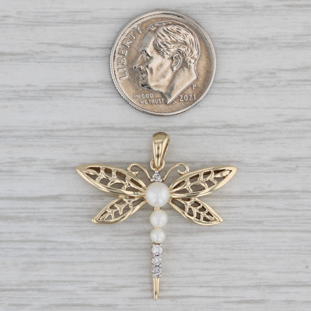 Gray Cultured Pearl Diamond Dragonfly Pendant 10k Yellow Gold