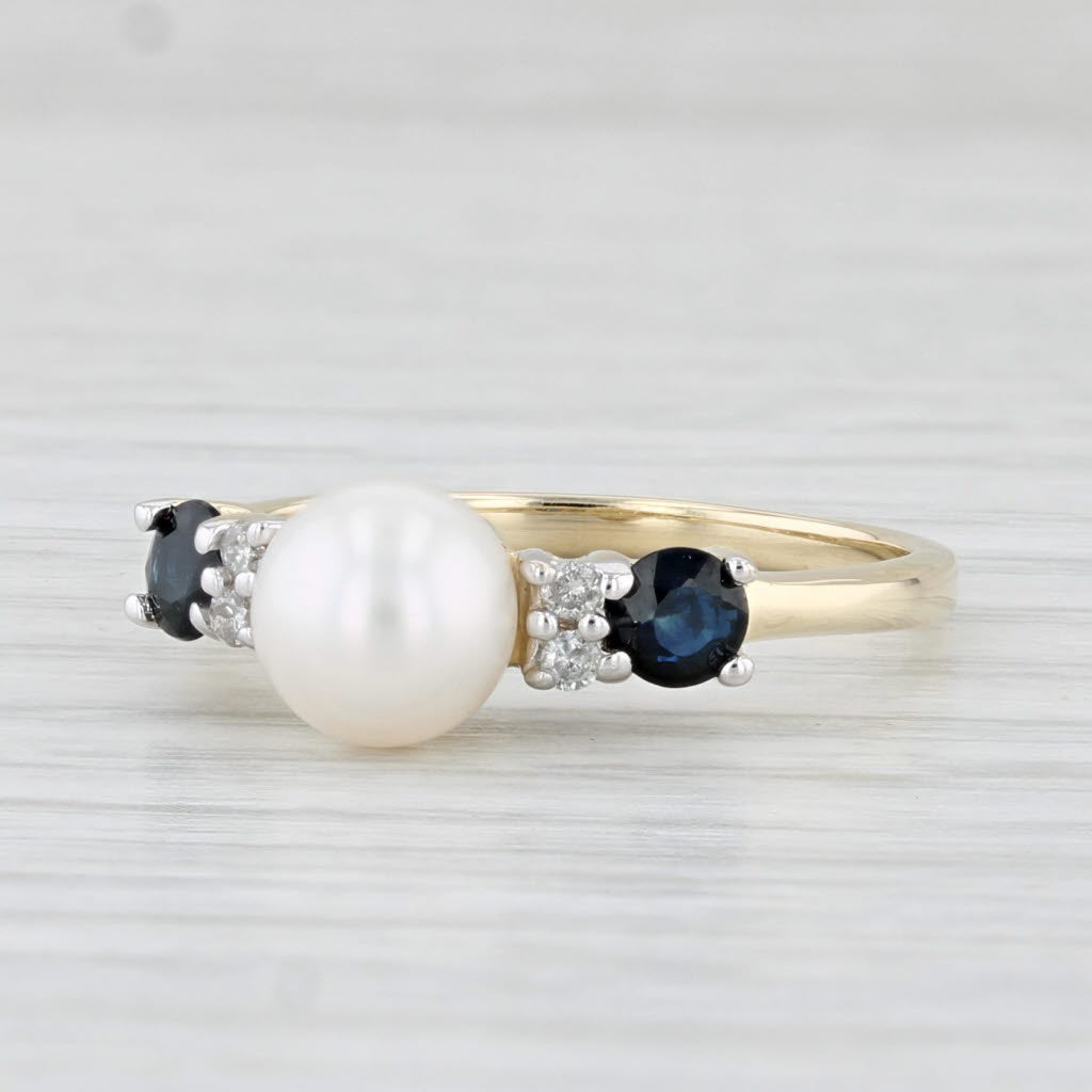 Light Gray Cultured Pearl Sapphire Diamond Ring 10k Yellow Gold Size 7