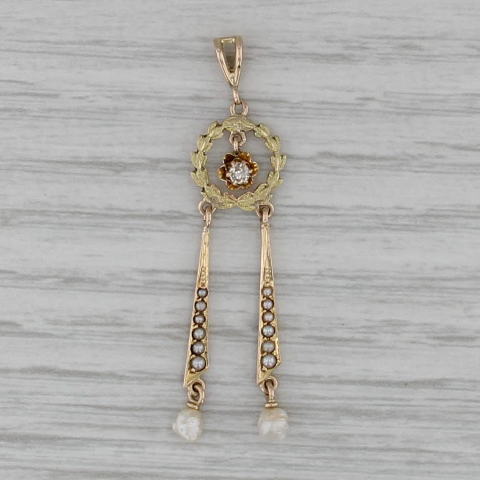 Antique Diamond Pearl Wreath Pendant 10k Yellow Green Gold Lavalier