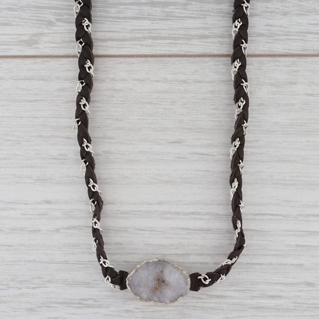 New Nina Wynn Cordelia Necklace Druzy Quartz Woven Dark Brown Leather Tags