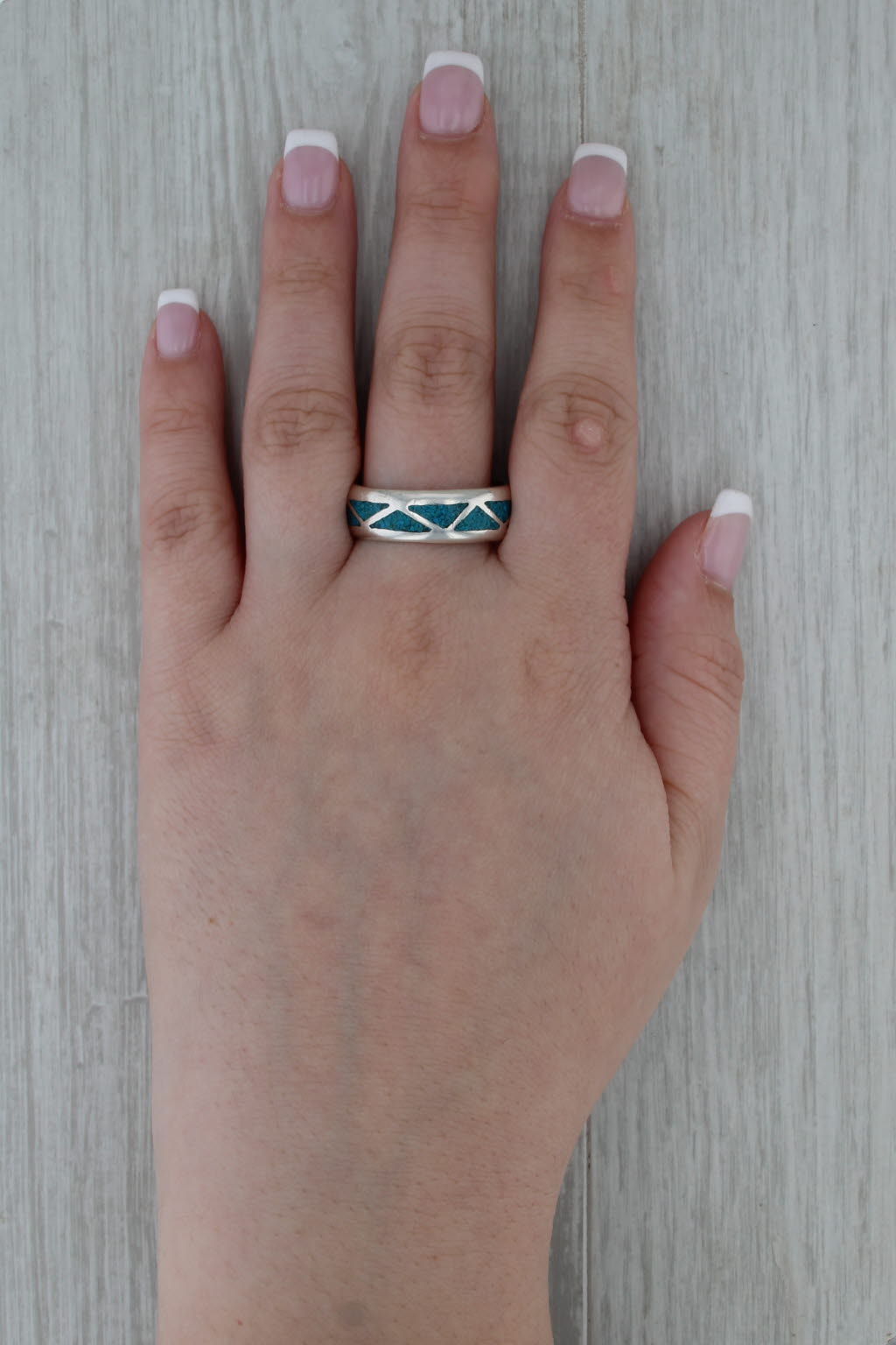 Vintage Southwestern Turquoise Mosaic Ring Sterling Silver Size 13.5 Men's Band