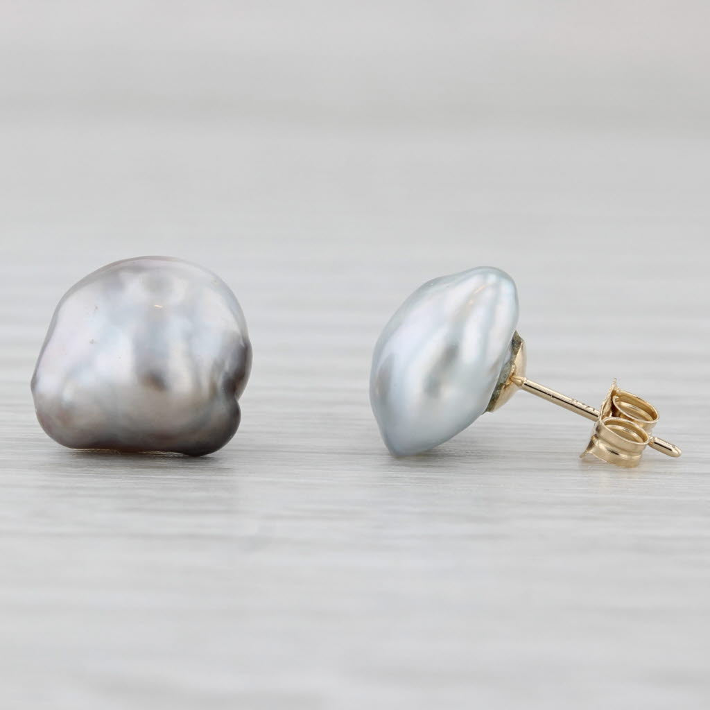 Light Gray Baroque Gray Black Cultured Pearl Stud Earrings 14k Yellow Gold