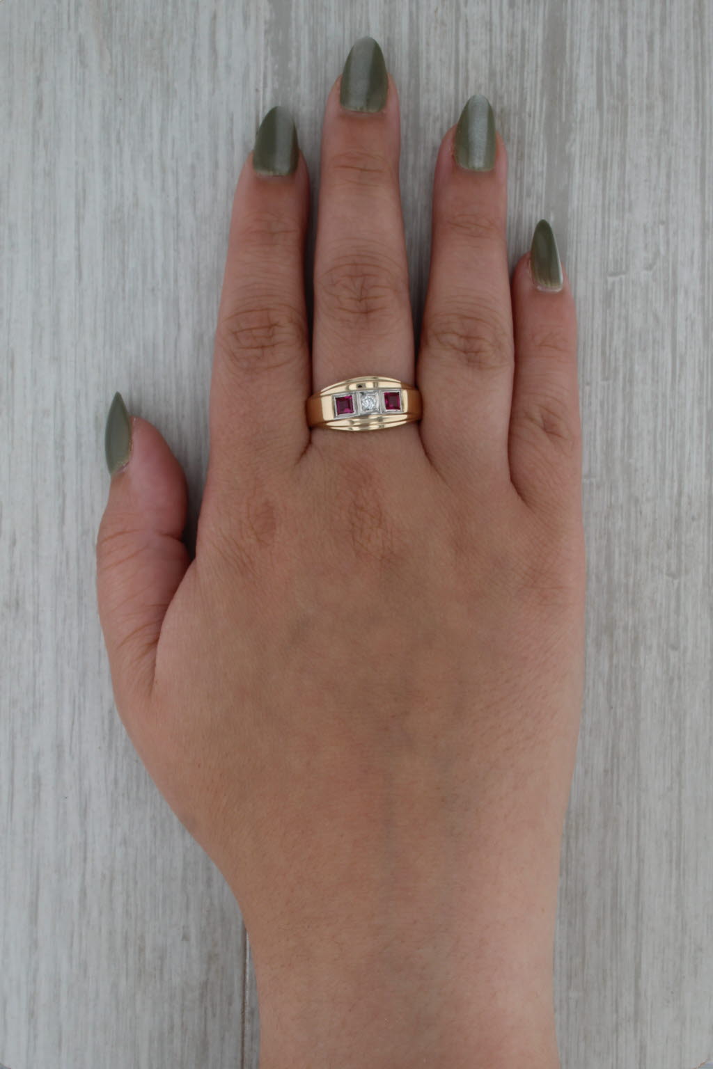 0.57ctw Lab Created Ruby Diamond Ring 14k Yellow Gold Vintage Men's Size 12