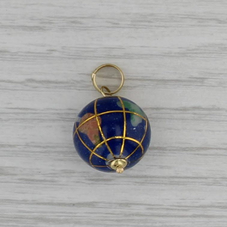 Stone Mosaic Globe Pendant 18k Yellow Gold 3D Spins Charm Mother of Pearl Resin