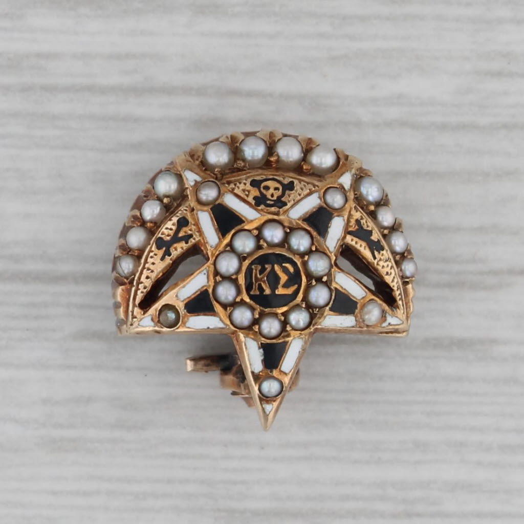 Gray Antique Kappa Sigma Badge Fraternity 14k Gold Pearl Moon Star Skull Pin