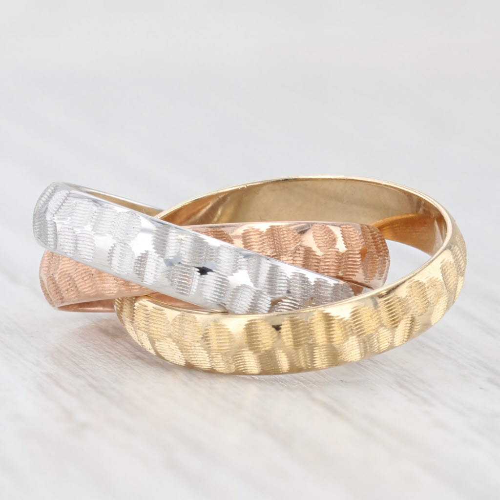 Light Gray Tri-Toned 3-Band Puzzle Ring 14k Yellow White Rose Gold Size 6 Hammered Finish