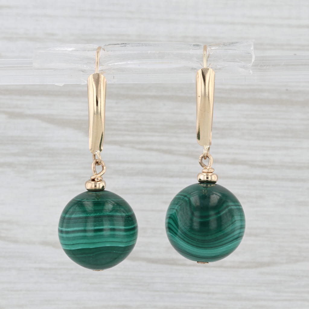 Green Malachite Bead Dangle Earrings 14k Yellow Gold Hook Posts Drops