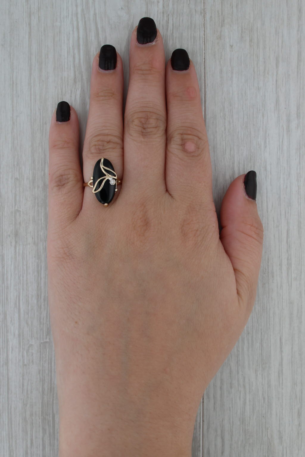 Vintage Onyx Diamond Flower Ring 10k Yellow Gold Size 7