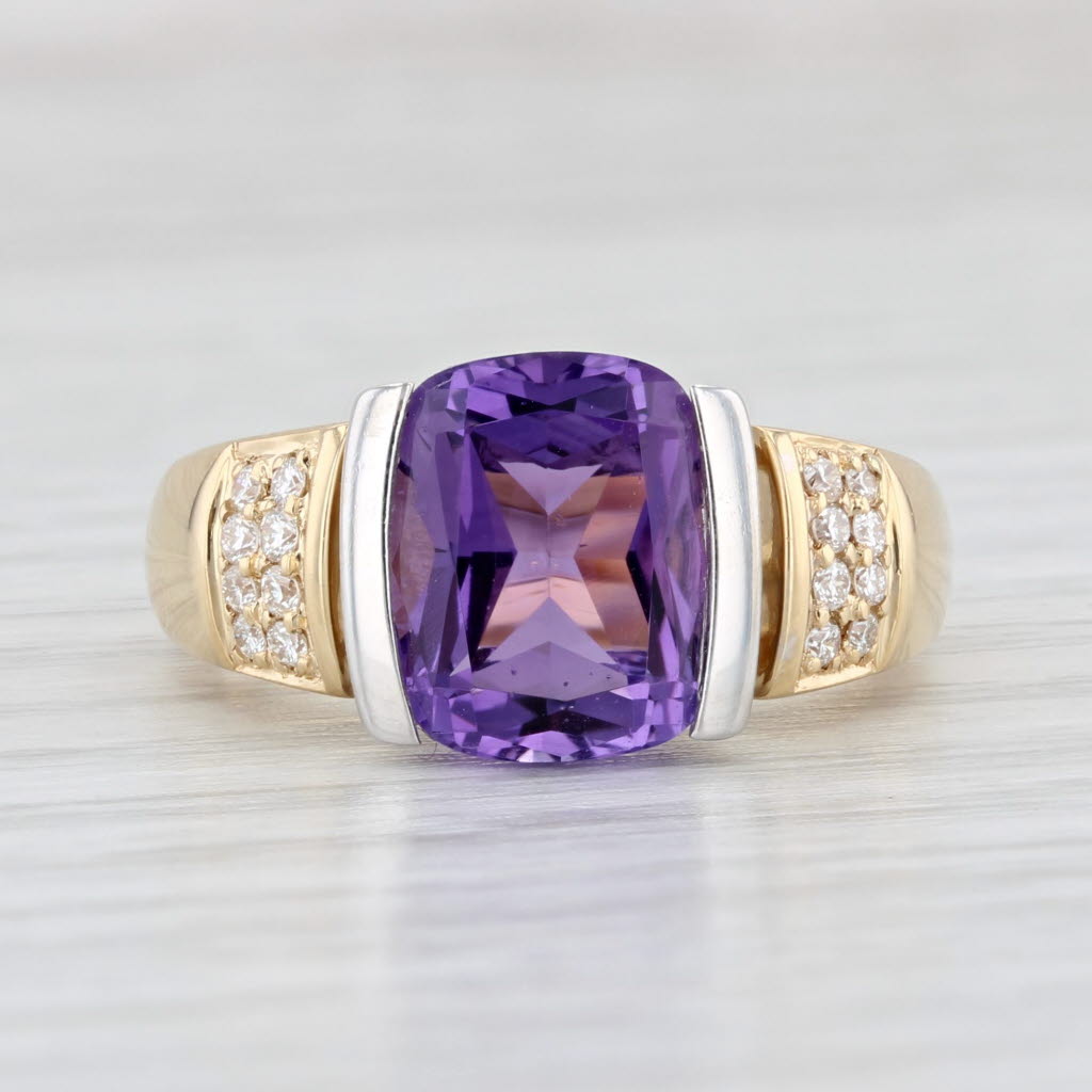 Light Gray 3.09ctw Cushion Amethyst Diamond Ring 18k Yellow Gold Size 6.25